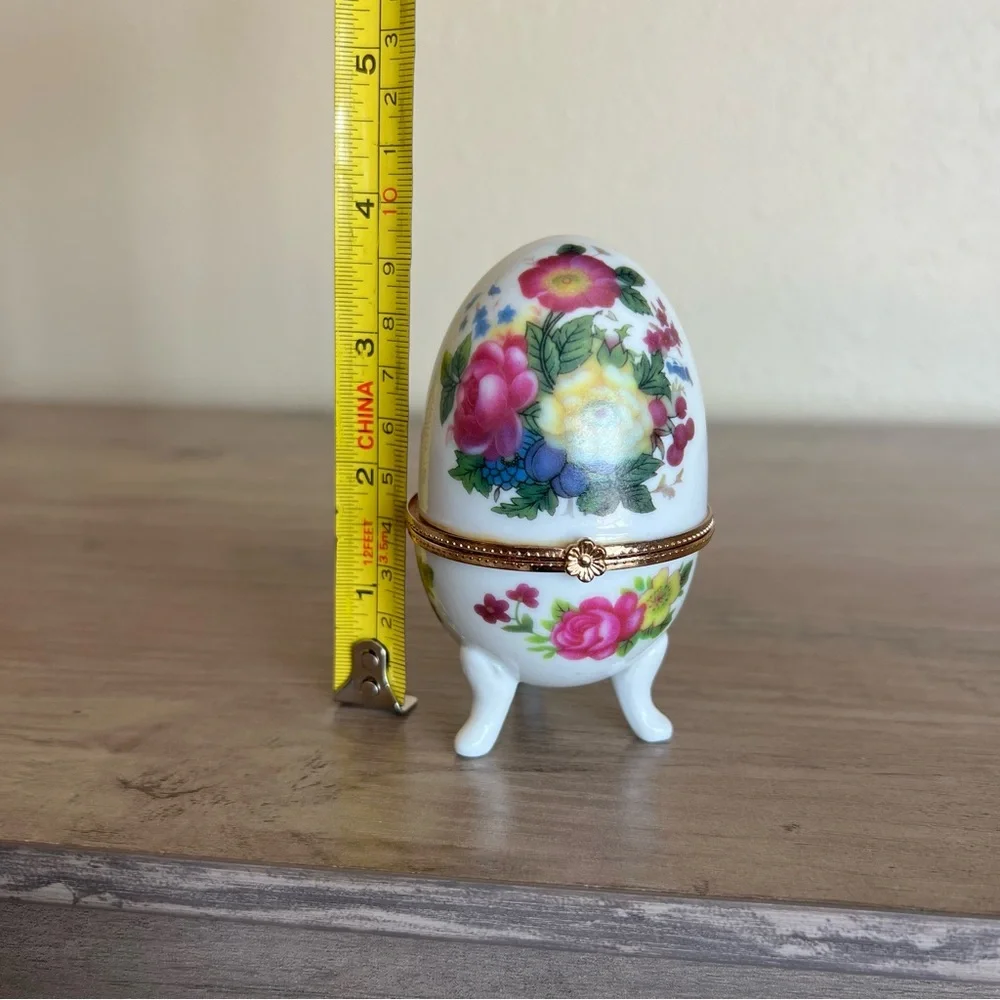Vintage Porcelain Egg Trinket Box Jewelry Holder Floral Hinged Decor